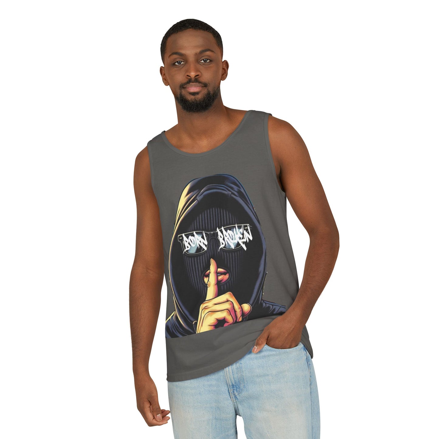 Tank Top — 'Born Broken' Hooded Mask Graphic Sleeveless Tee