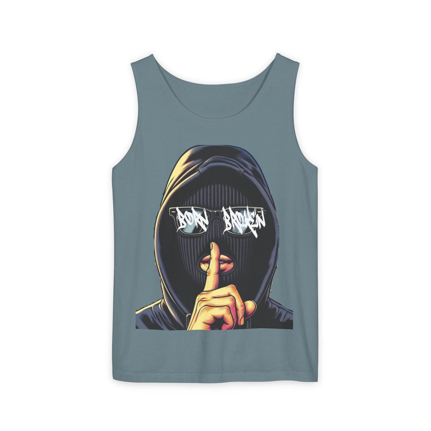 Tank Top — 'Born Broken' Hooded Mask Graphic Sleeveless Tee