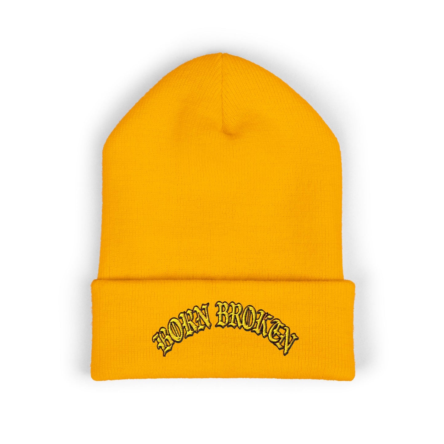 Embroidered "Rocky Biotchy" Classic Cuffed Beanie – Warm Yellow Knit Hat