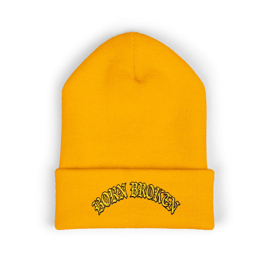Embroidered "Rocky Biotchy" Classic Cuffed Beanie – Warm Yellow Knit Hat