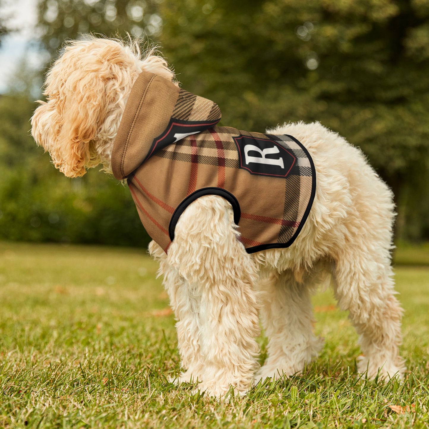 Plaid Pet Hoodie — Cozy Tan Check Hooded Dog Sweatshirt