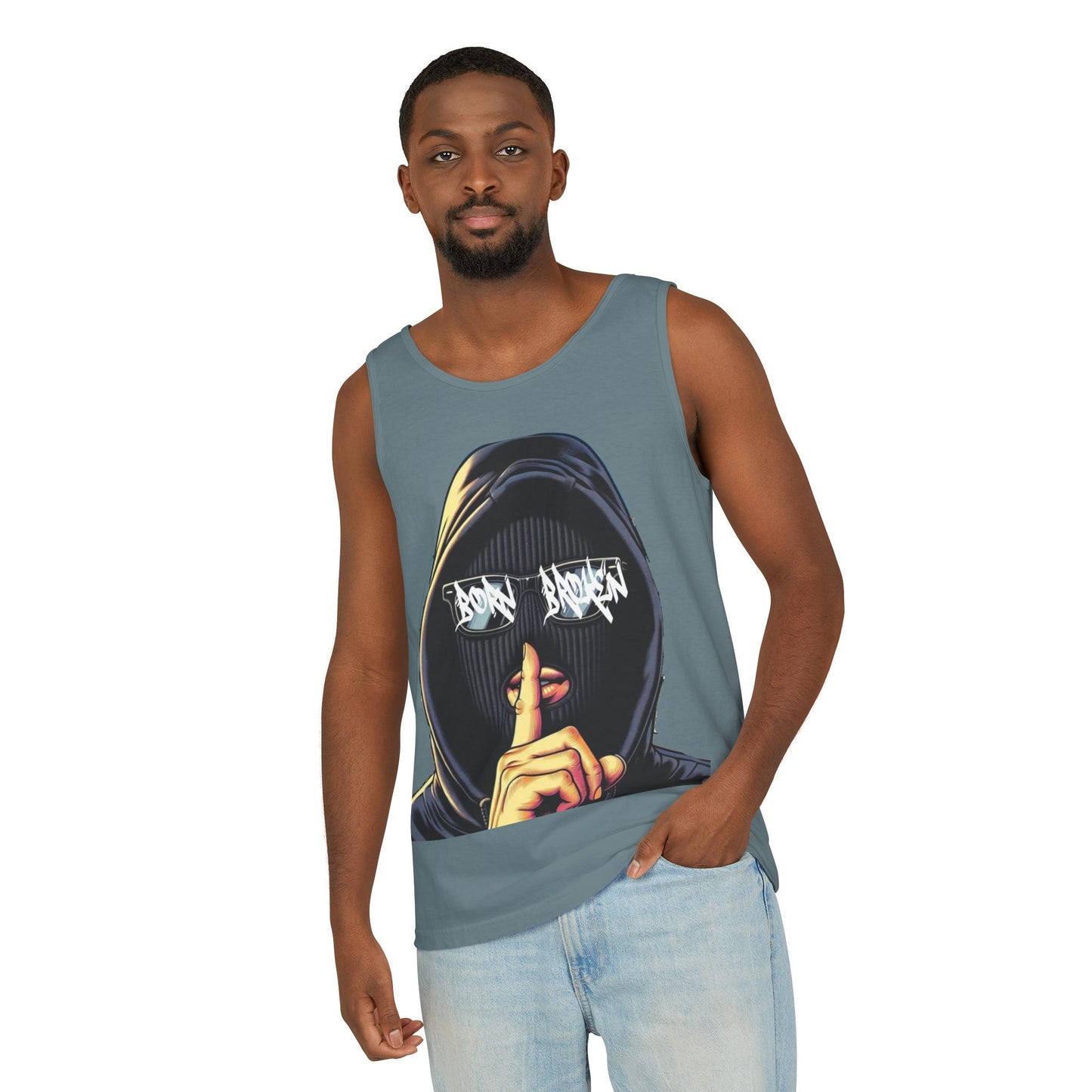 Tank Top — 'Born Broken' Hooded Mask Graphic Sleeveless Tee
