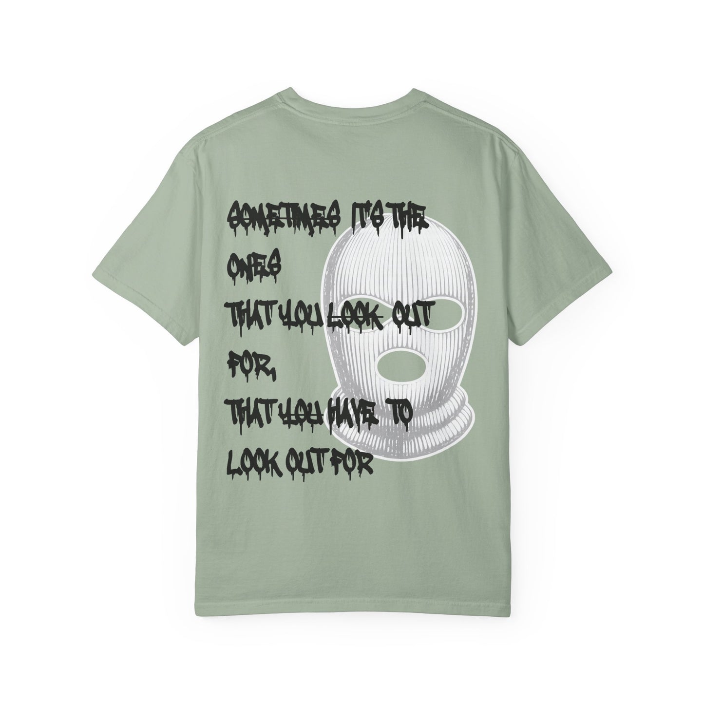 T-Shirt — 'Born Broken' Graphic Tee with Balaclava Back Quote