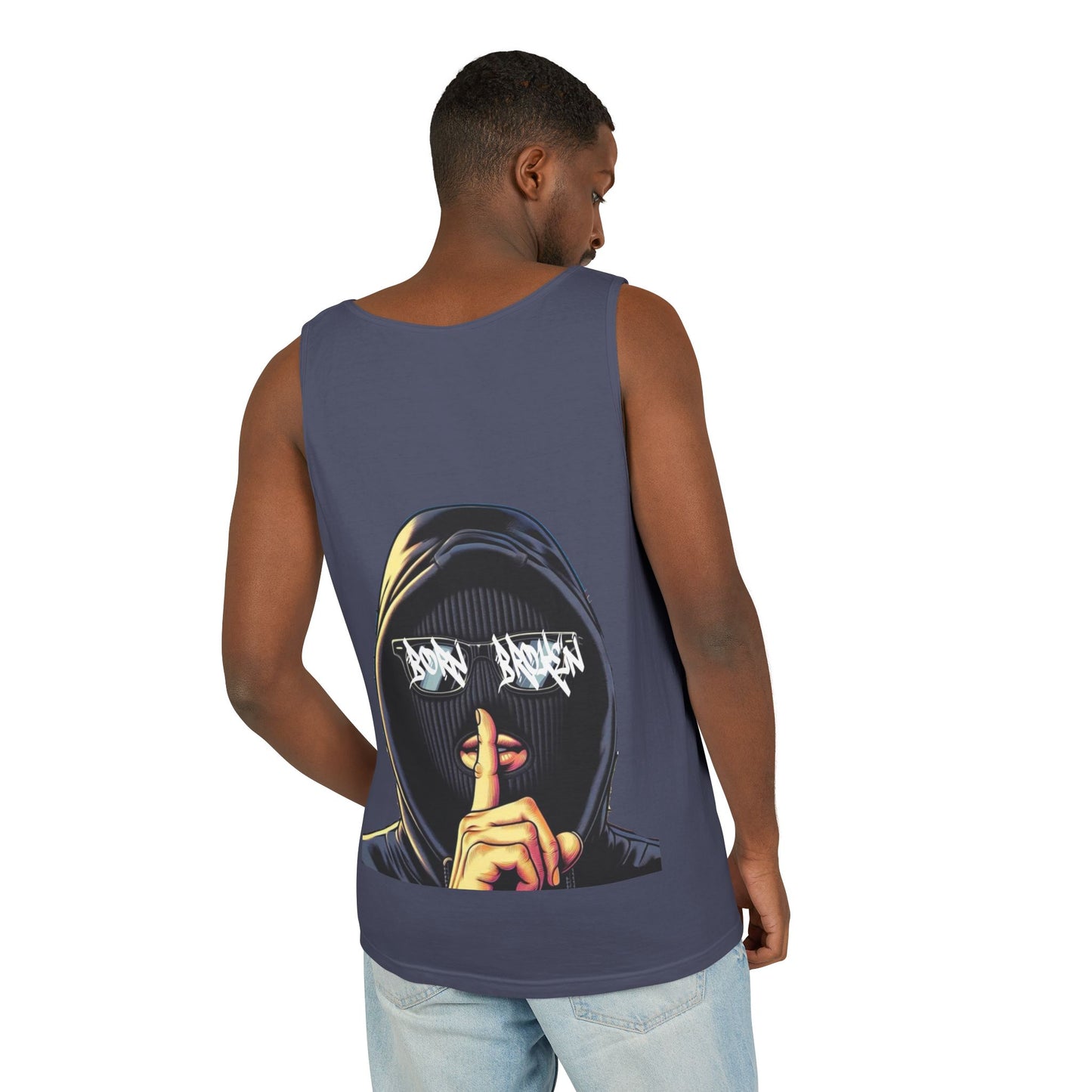 Tank Top — 'Born Broken' Hooded Mask Graphic Sleeveless Tee