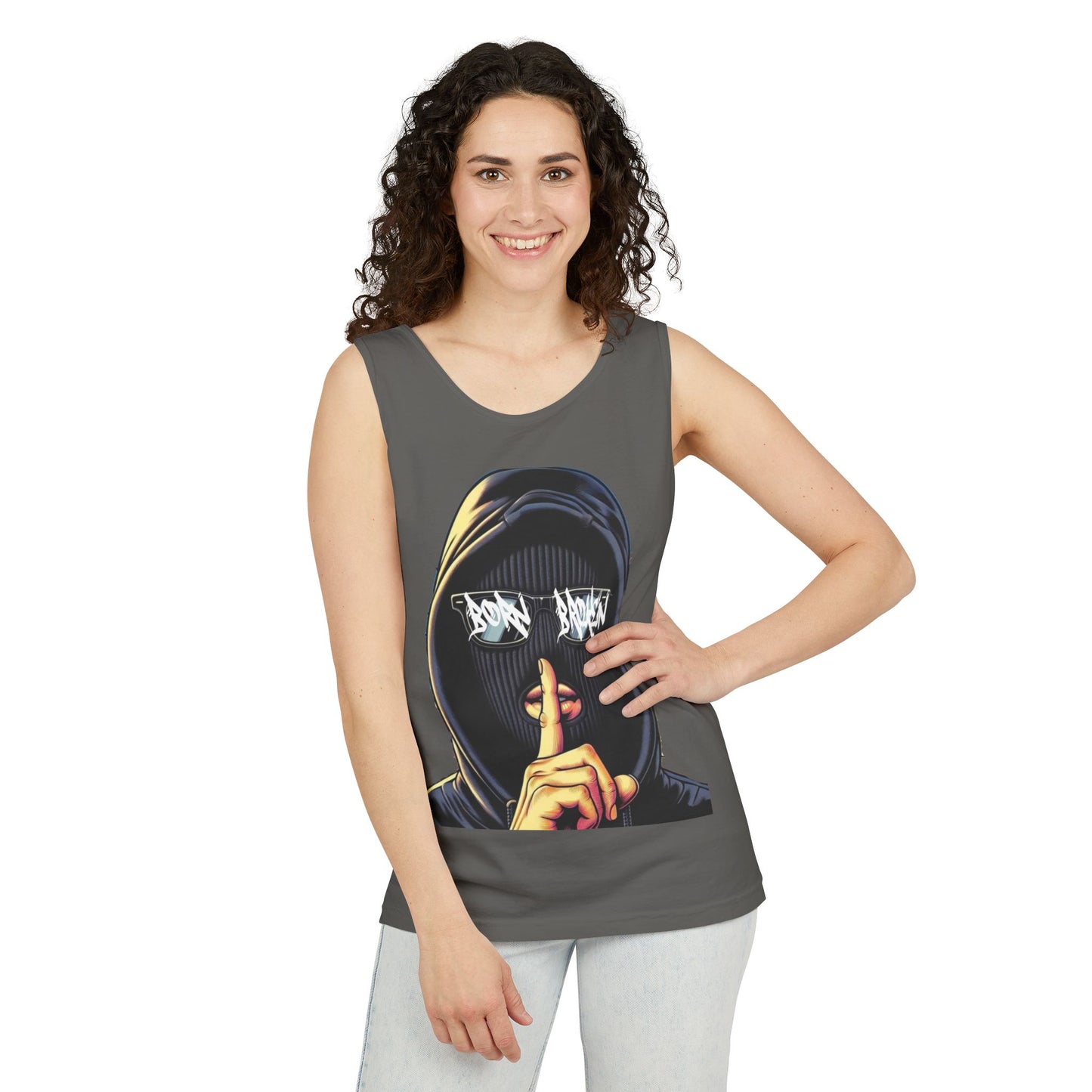 Tank Top — 'Born Broken' Hooded Mask Graphic Sleeveless Tee