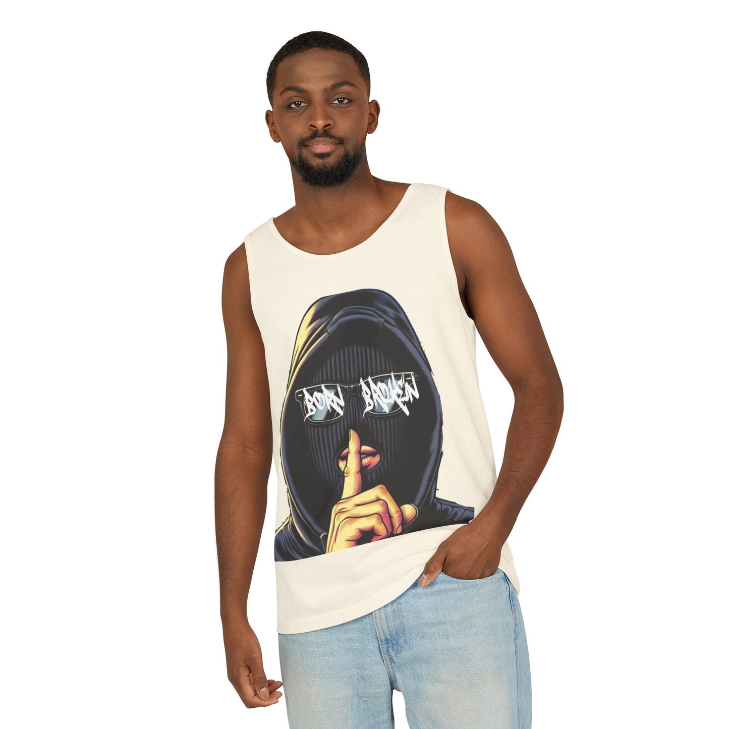 Tank Top — 'Born Broken' Hooded Mask Graphic Sleeveless Tee