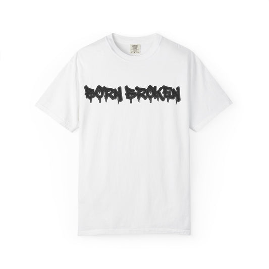 T-Shirt — 'Born Broken' Graphic Tee with Balaclava Back Quote