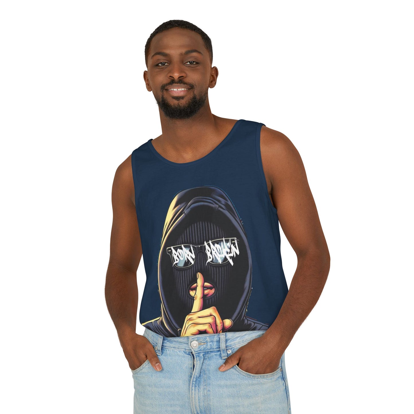 Tank Top — 'Born Broken' Hooded Mask Graphic Sleeveless Tee