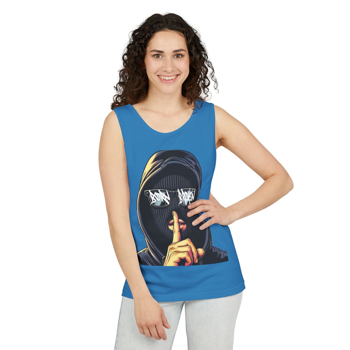 Tank Top — 'Born Broken' Hooded Mask Graphic Sleeveless Tee