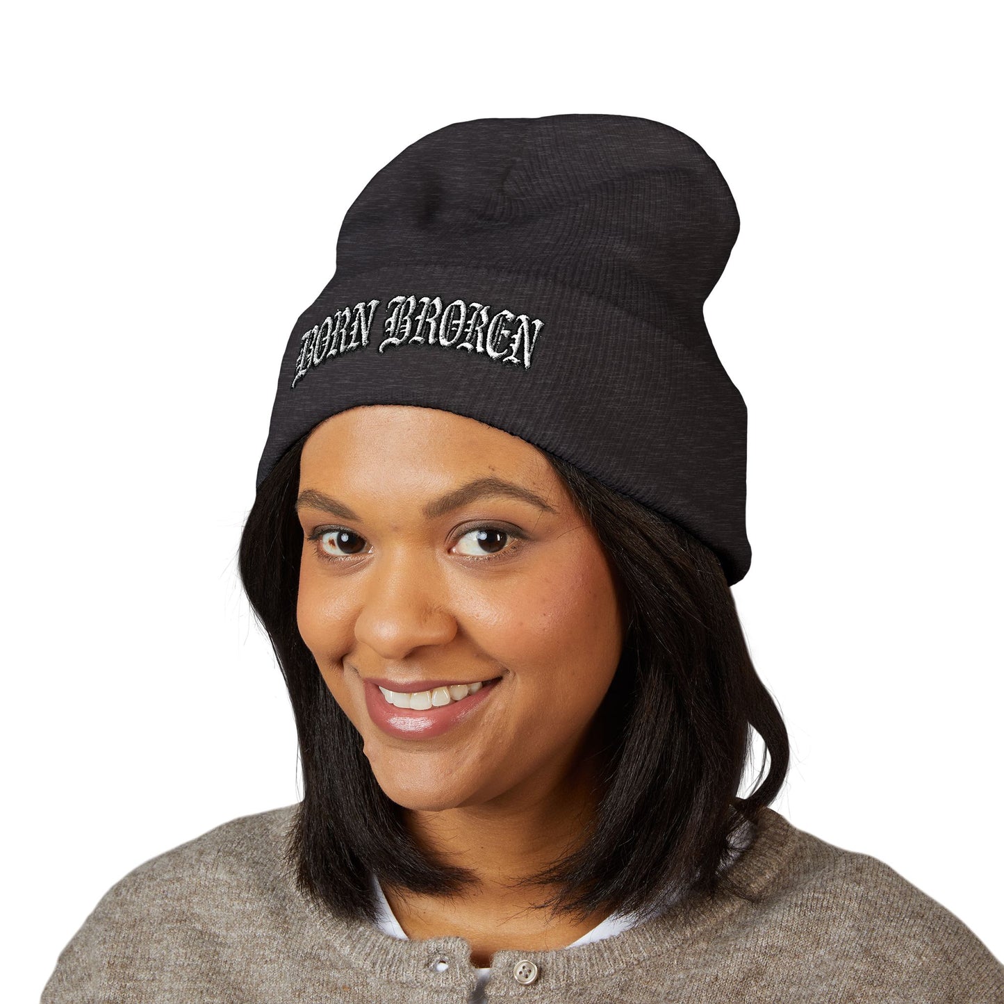 Embroidered 'Born Broken' Cuffed Beanie