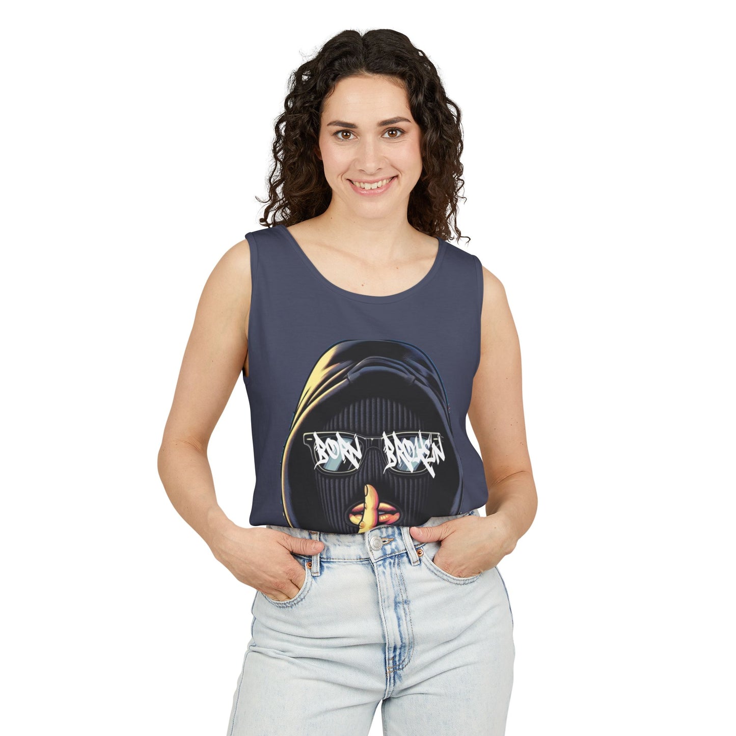 Tank Top — 'Born Broken' Hooded Mask Graphic Sleeveless Tee