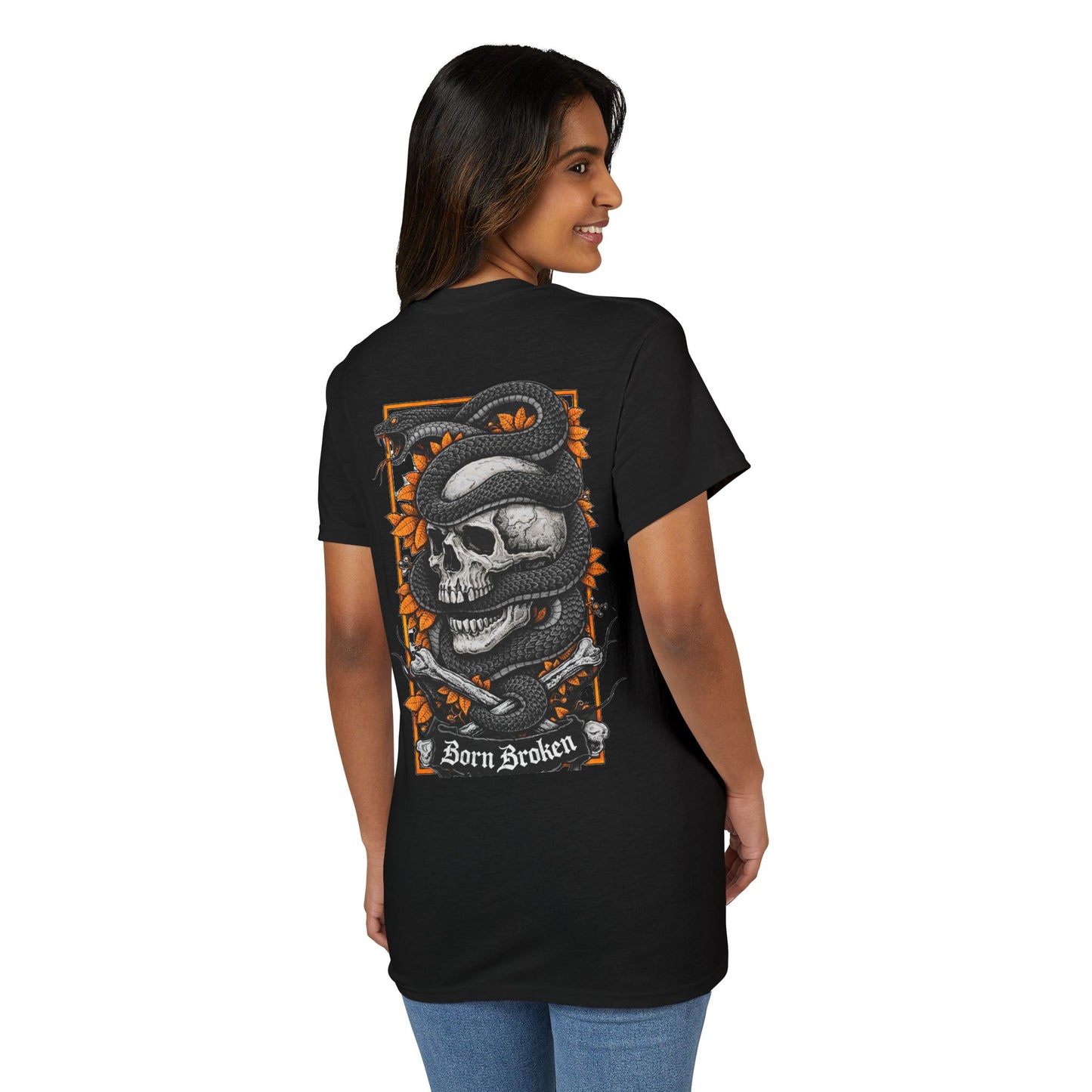 Skull & Serpent T‑Shirt — 'Born Broken' Gothic Graphic Tee