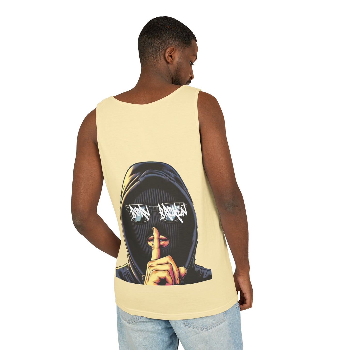 Tank Top — 'Born Broken' Hooded Mask Graphic Sleeveless Tee