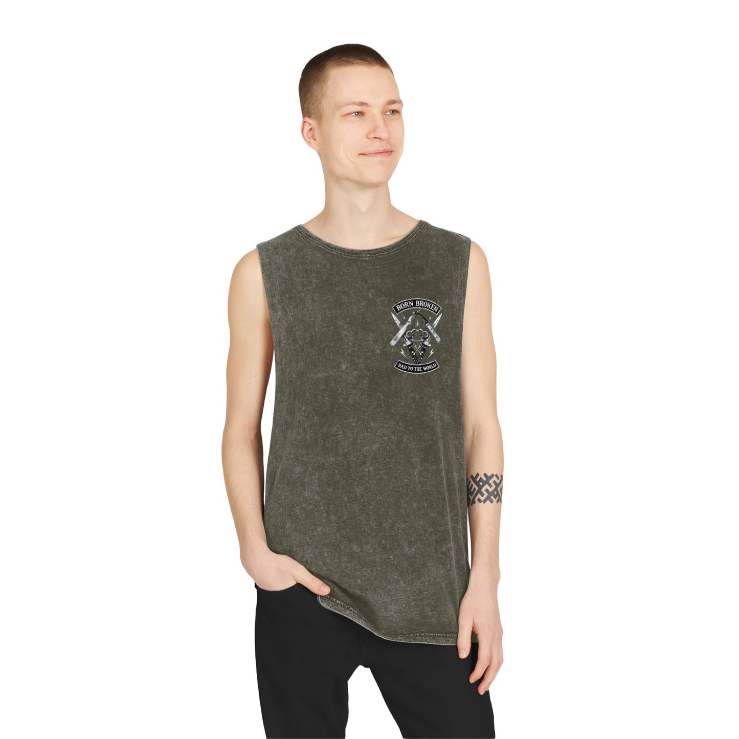 Born Broken Stonewash Tank Top — Bad to the World Graphic Muscle Tee