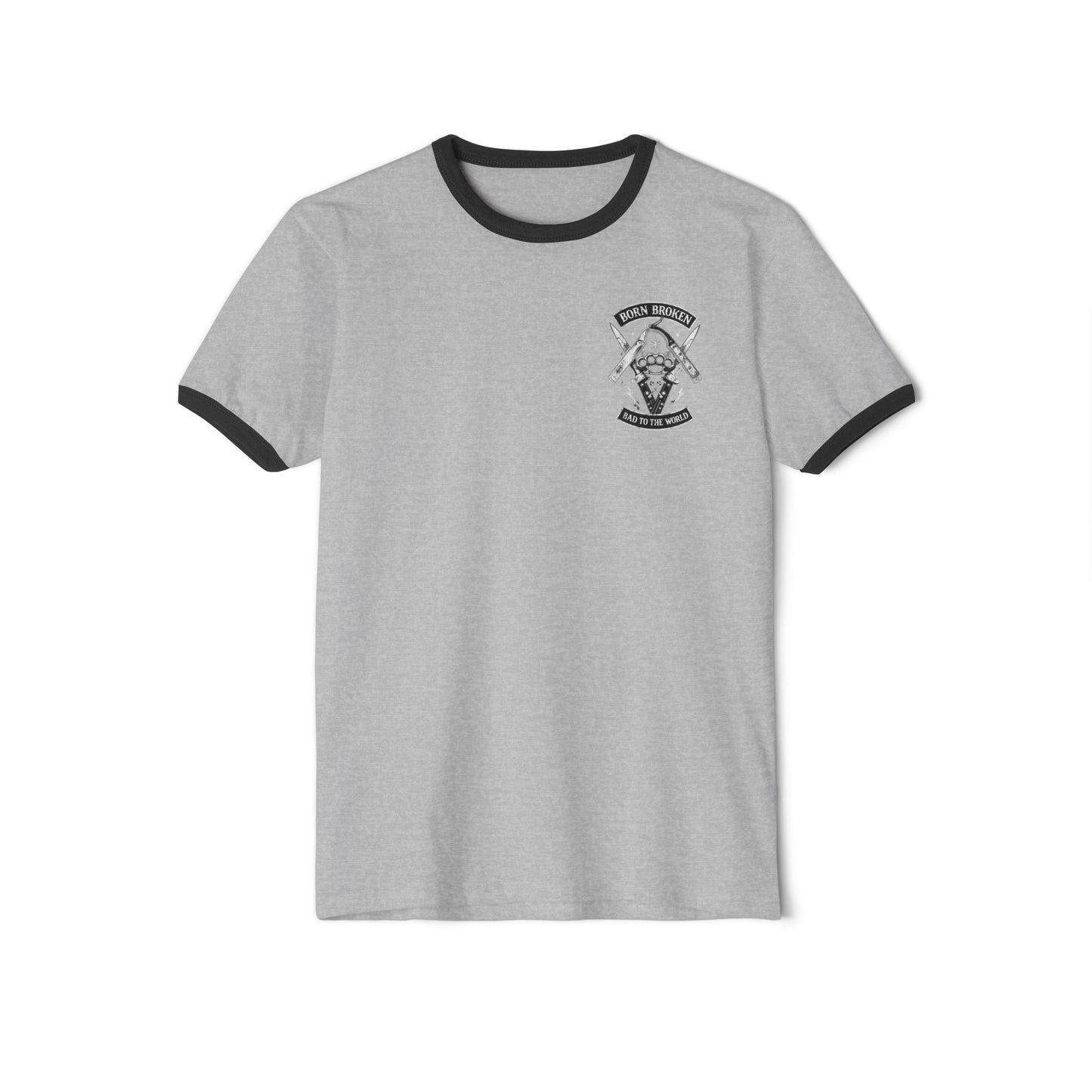 Ringer T-Shirt — "Born Broken, Bad to the World" Skull & Knuckle Knife Graphic