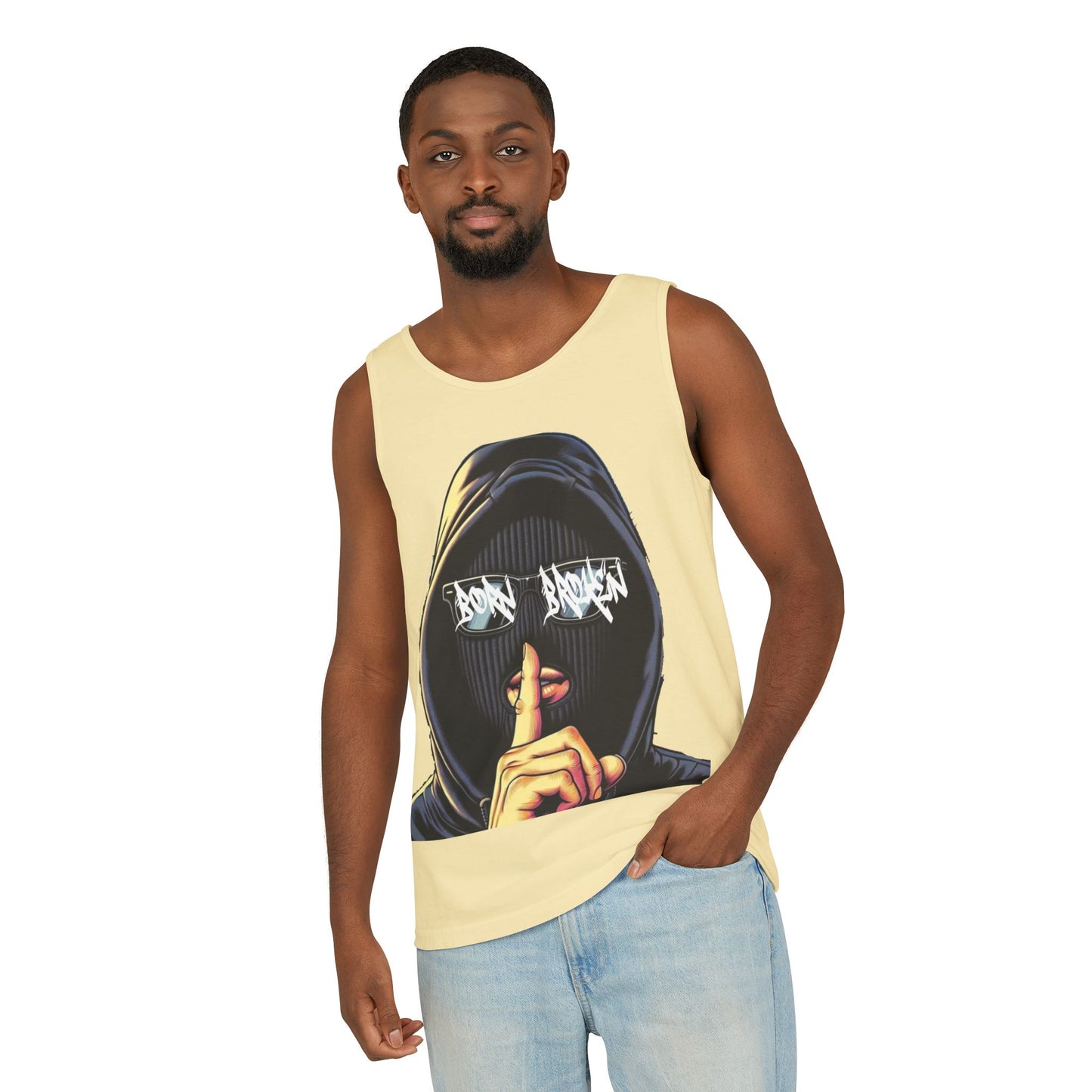 Tank Top — 'Born Broken' Hooded Mask Graphic Sleeveless Tee