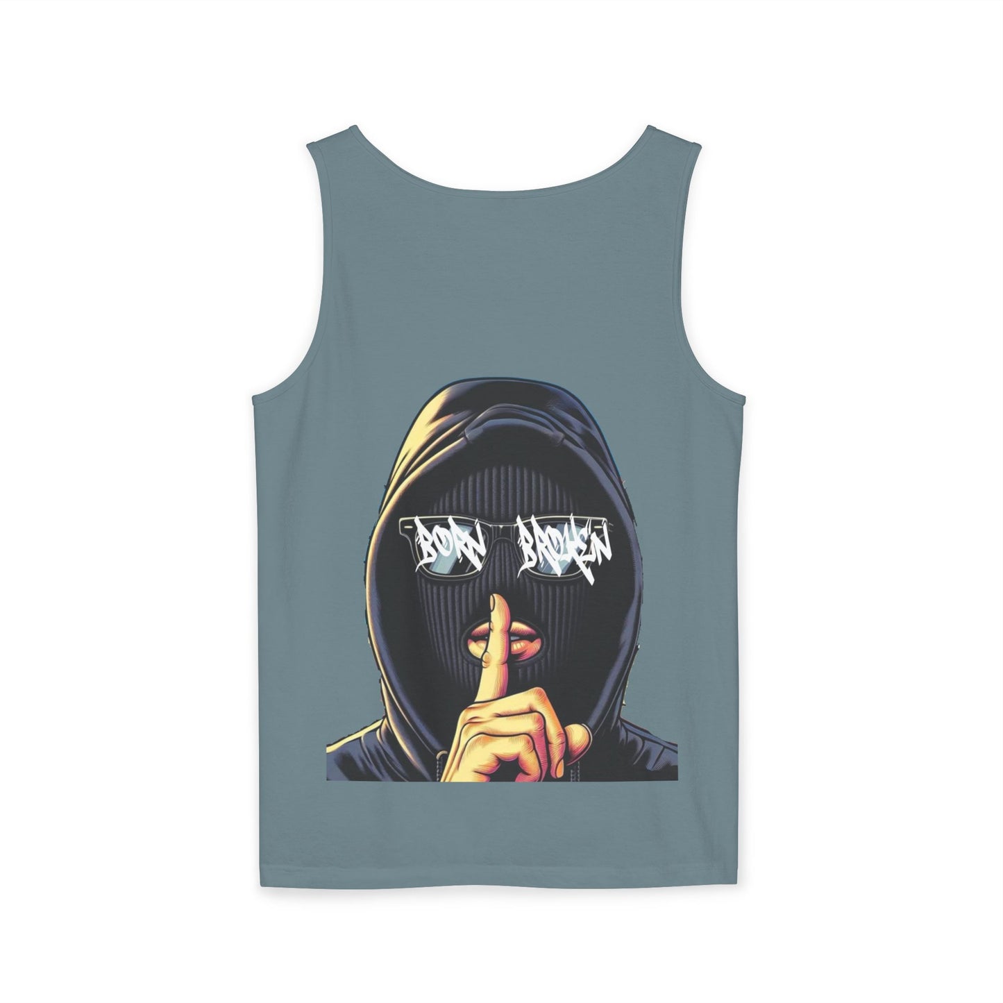 Tank Top — 'Born Broken' Hooded Mask Graphic Sleeveless Tee
