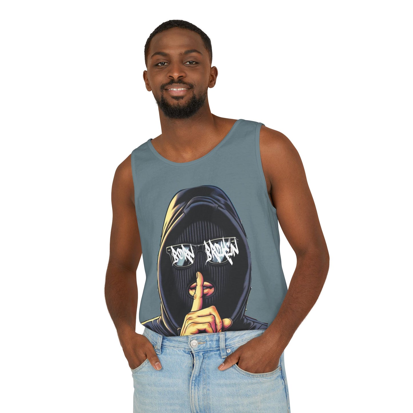 Tank Top — 'Born Broken' Hooded Mask Graphic Sleeveless Tee
