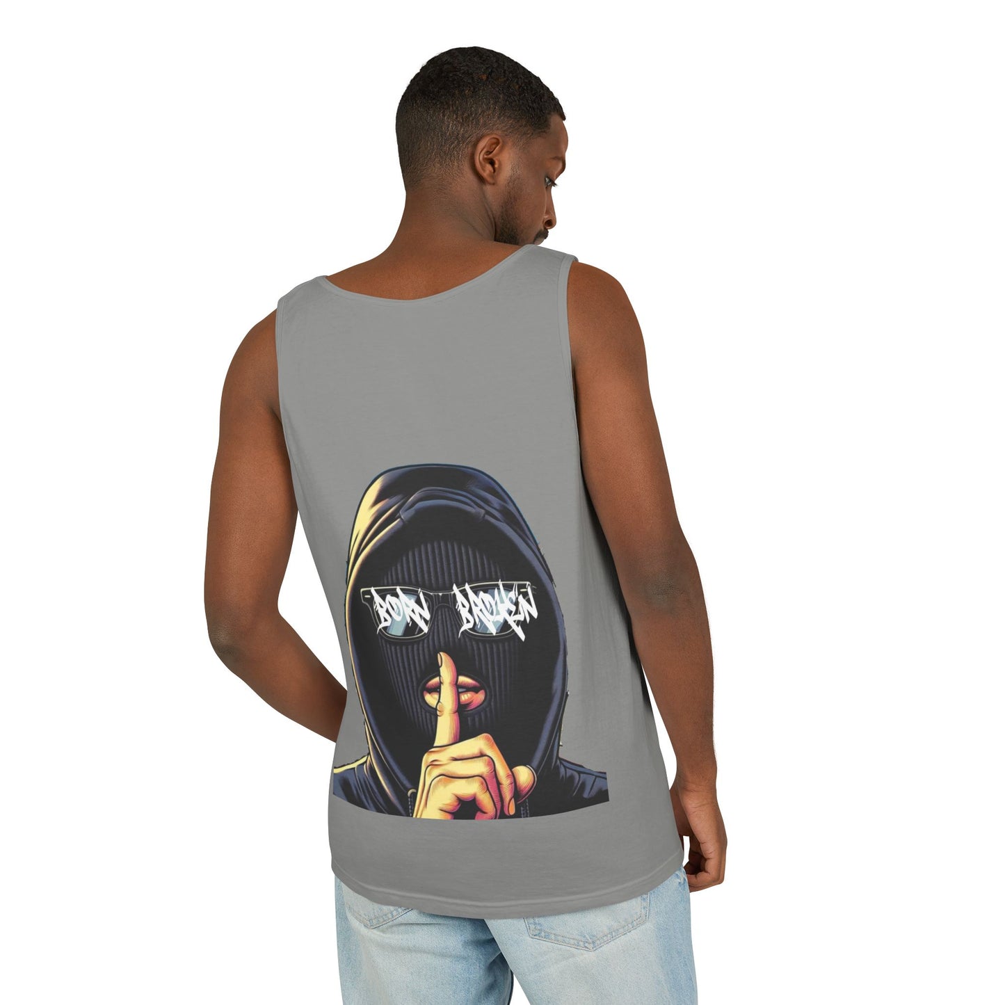 Tank Top — 'Born Broken' Hooded Mask Graphic Sleeveless Tee