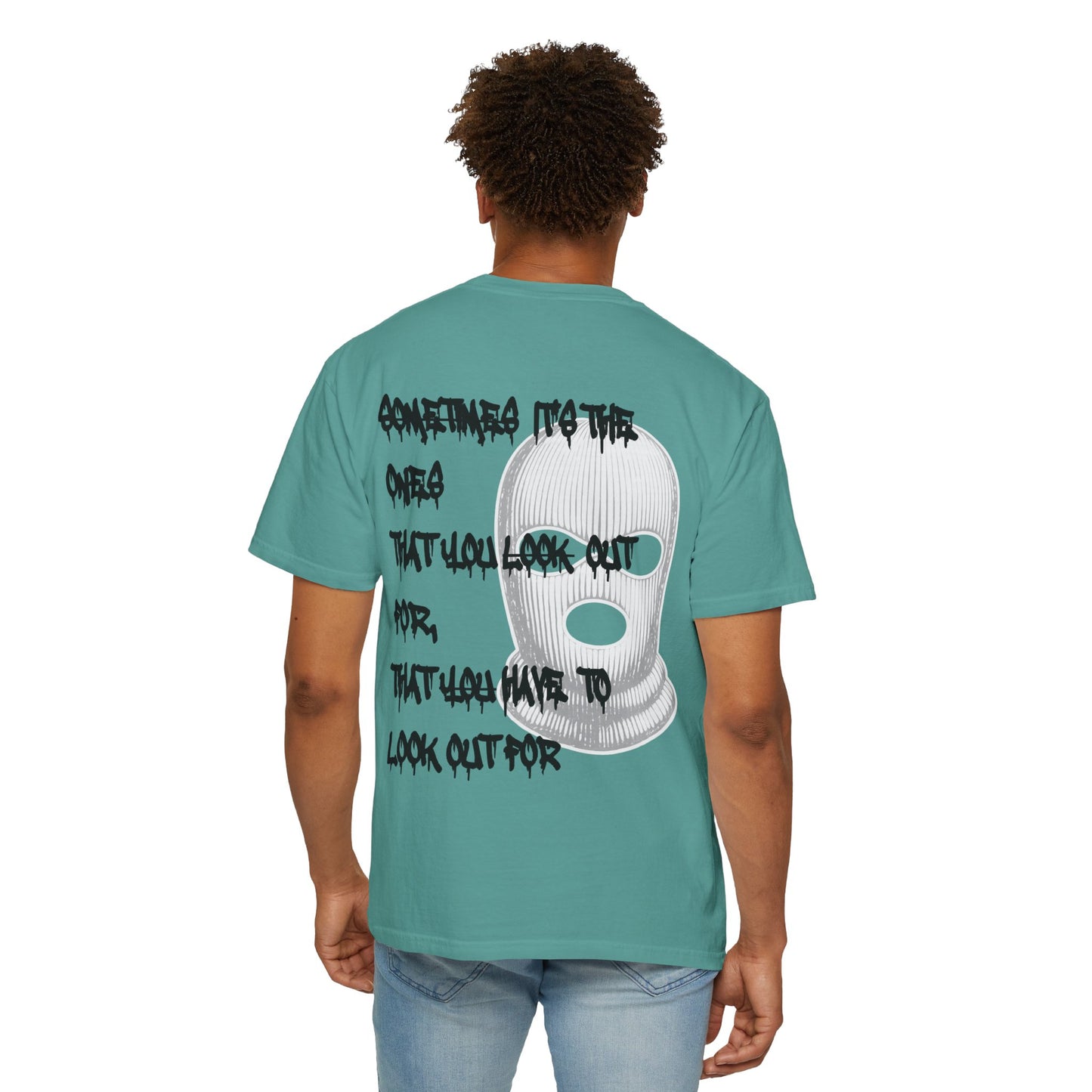 T-Shirt — 'Born Broken' Graphic Tee with Balaclava Back Quote