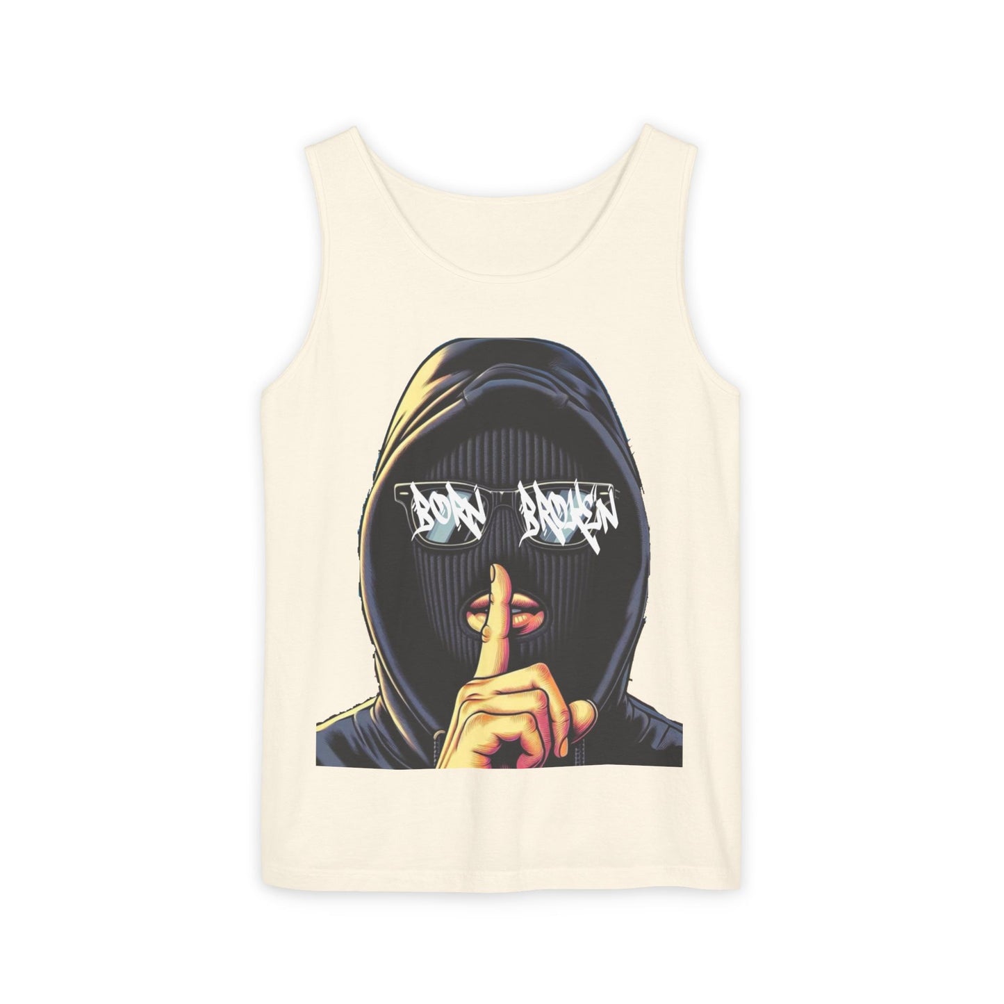 Tank Top — 'Born Broken' Hooded Mask Graphic Sleeveless Tee