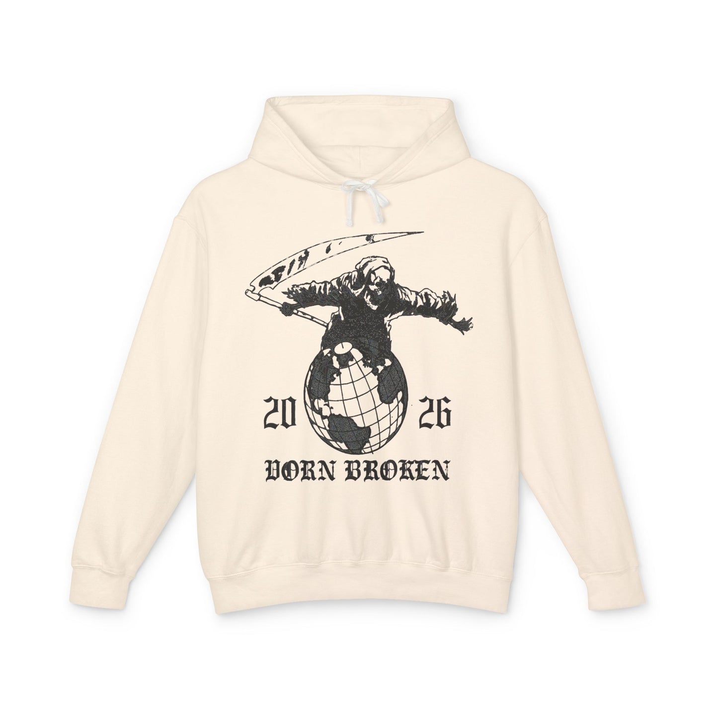 2026 Born Broken Globe Hoodie — Vintage Grim Reaper World Graphic