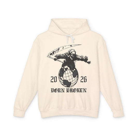 2026 Born Broken Globe Hoodie — Vintage Grim Reaper World Graphic