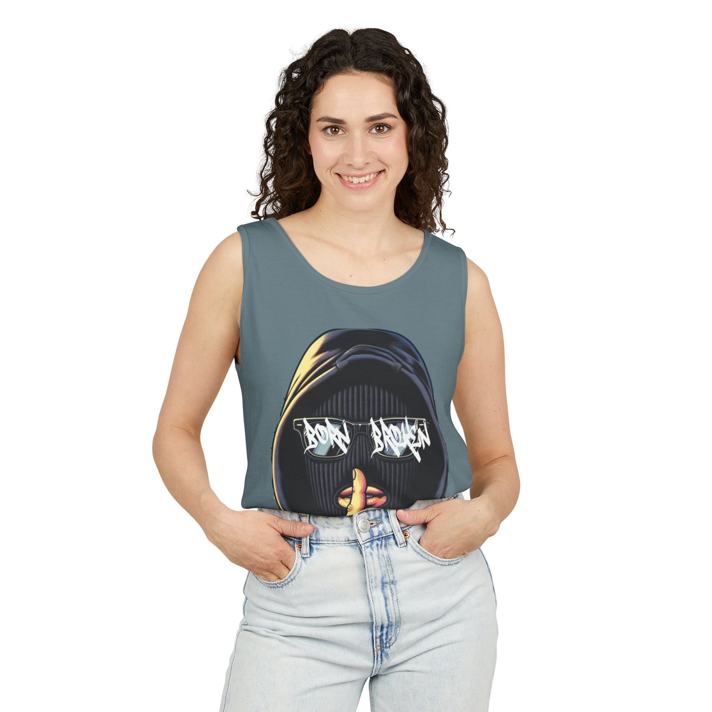 Tank Top — 'Born Broken' Hooded Mask Graphic Sleeveless Tee