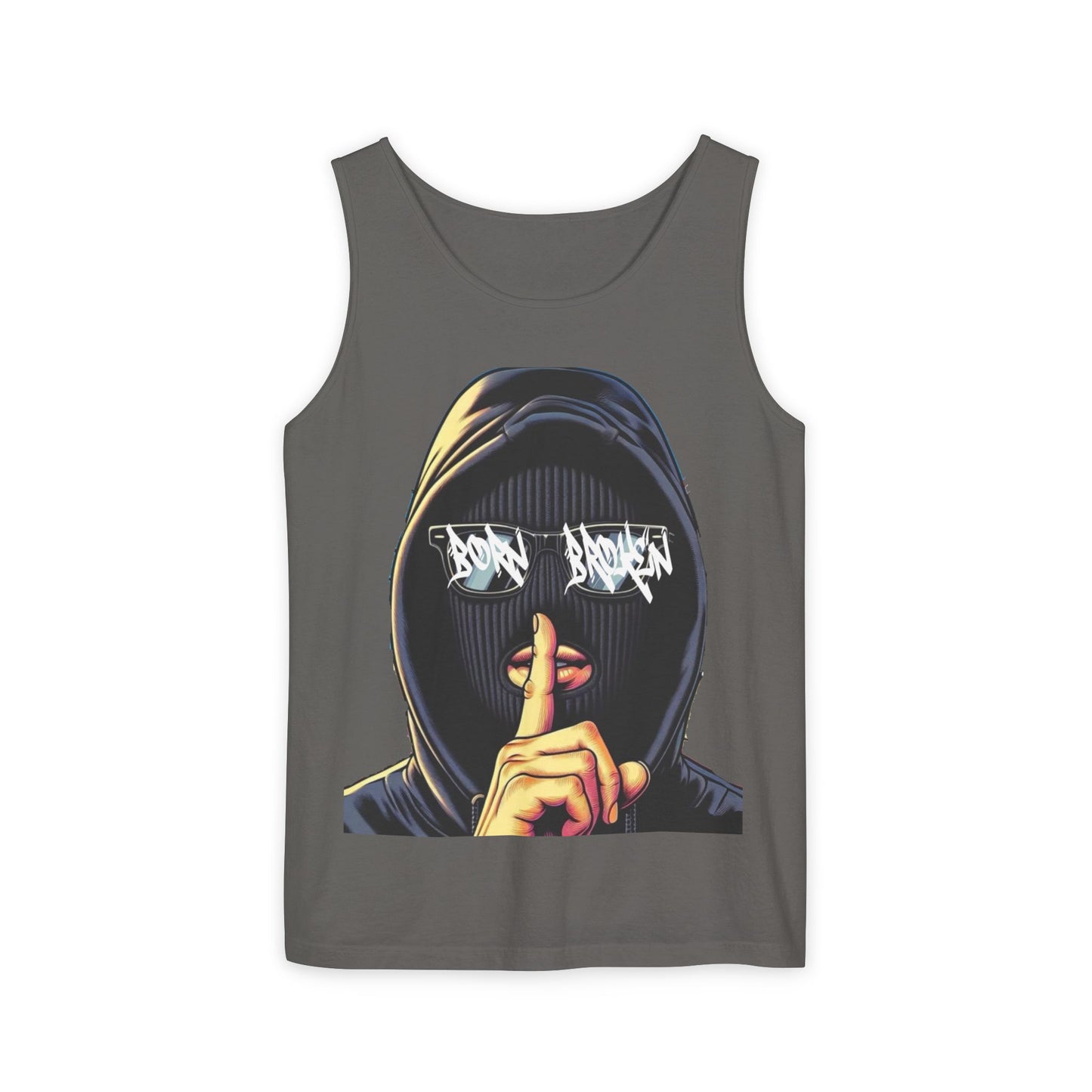 Tank Top — 'Born Broken' Hooded Mask Graphic Sleeveless Tee