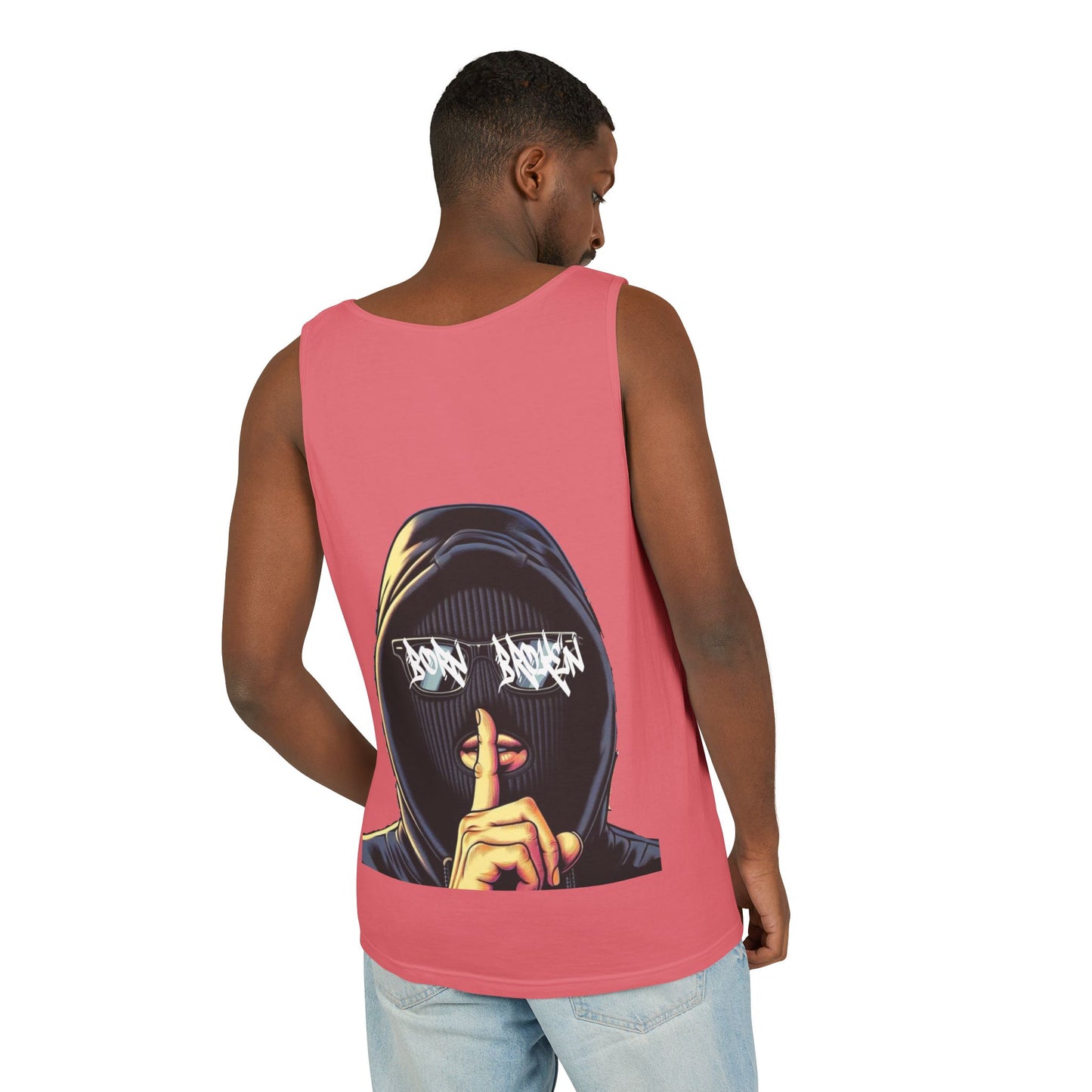 Tank Top — 'Born Broken' Hooded Mask Graphic Sleeveless Tee