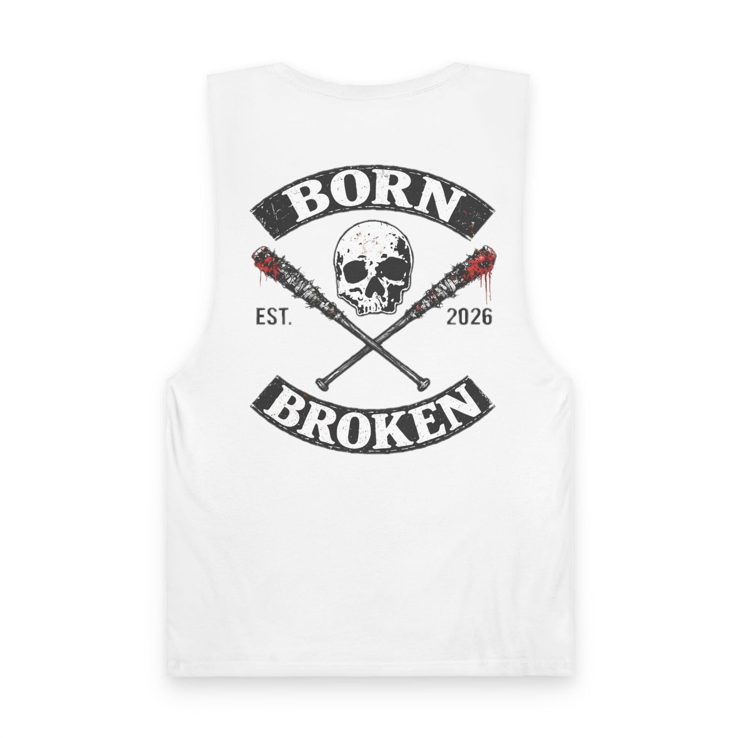 Born Broken Skull Tank Top — Edgy Skull & Crossed Bats Graphic Muscle Tank