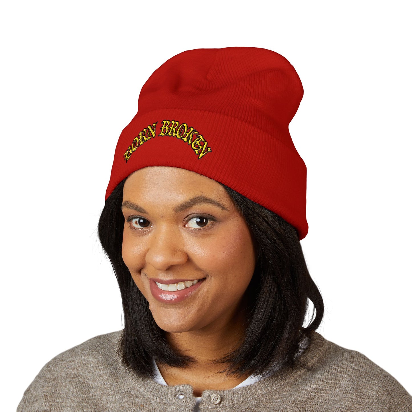 Embroidered "Rocky Biotchy" Classic Cuffed Beanie – Warm Yellow Knit Hat