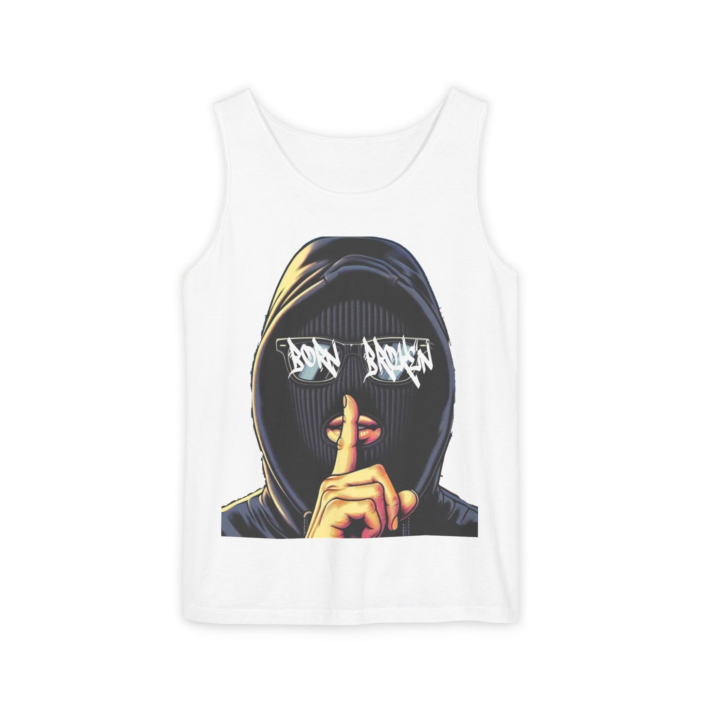 Tank Top — 'Born Broken' Hooded Mask Graphic Sleeveless Tee