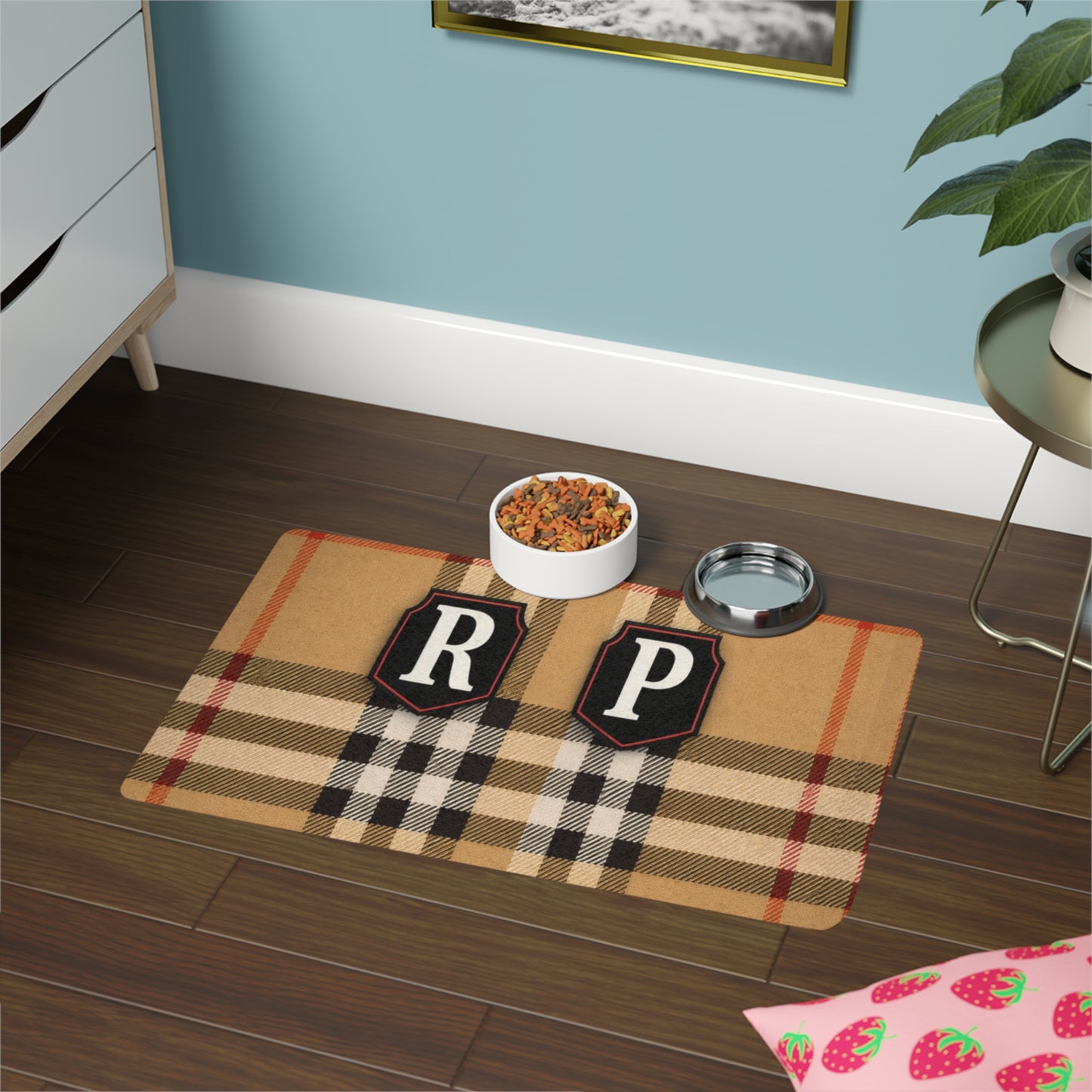 Personalized Plaid Pet Food Mat (12x18) with Initial Patch – Monogram Dog & Cat Feeding Mat