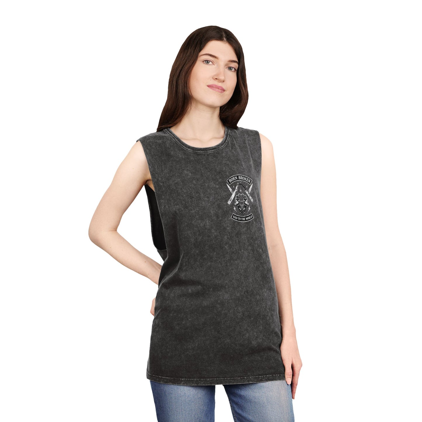 Born Broken Stonewash Tank Top — Bad to the World Graphic Muscle Tee
