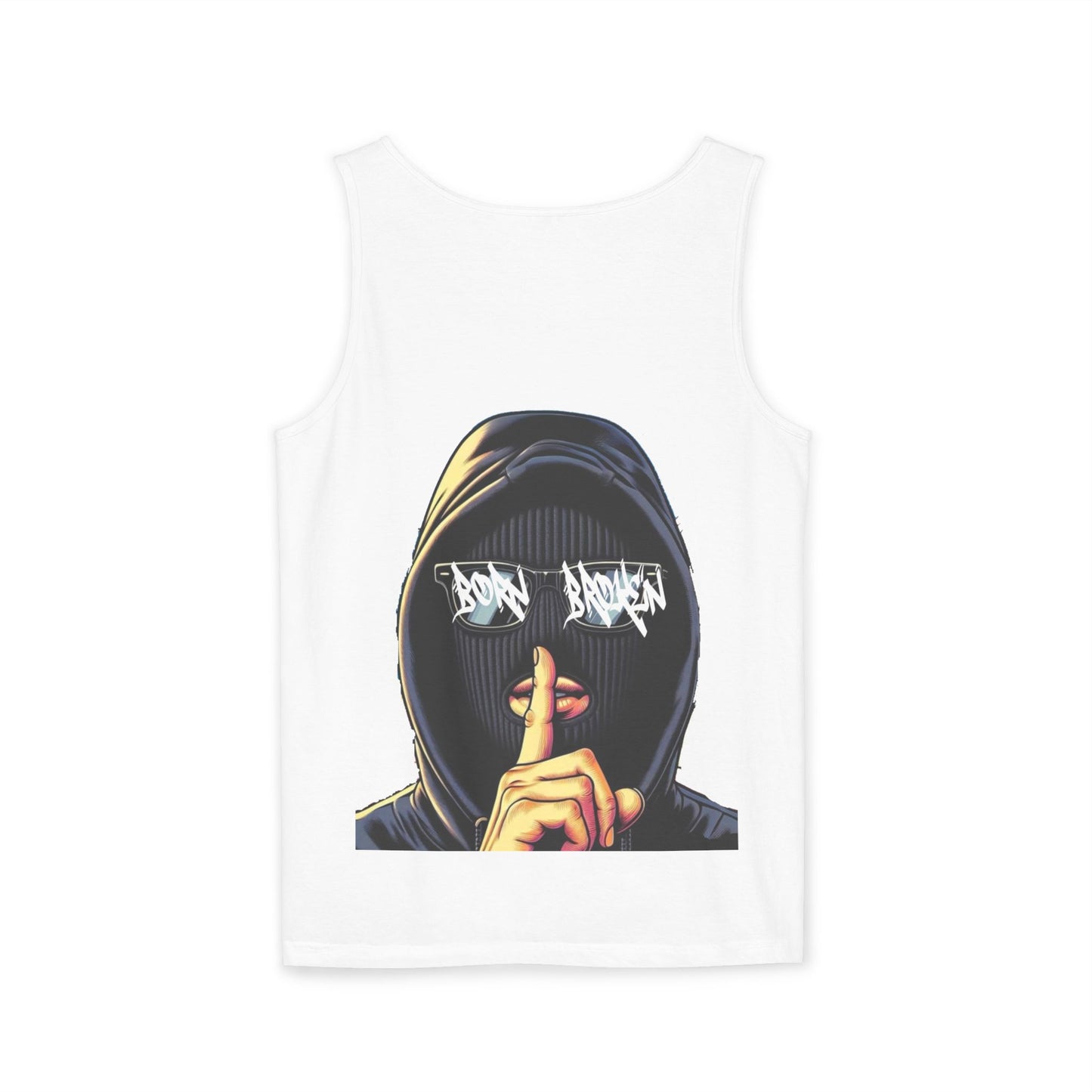 Tank Top — 'Born Broken' Hooded Mask Graphic Sleeveless Tee