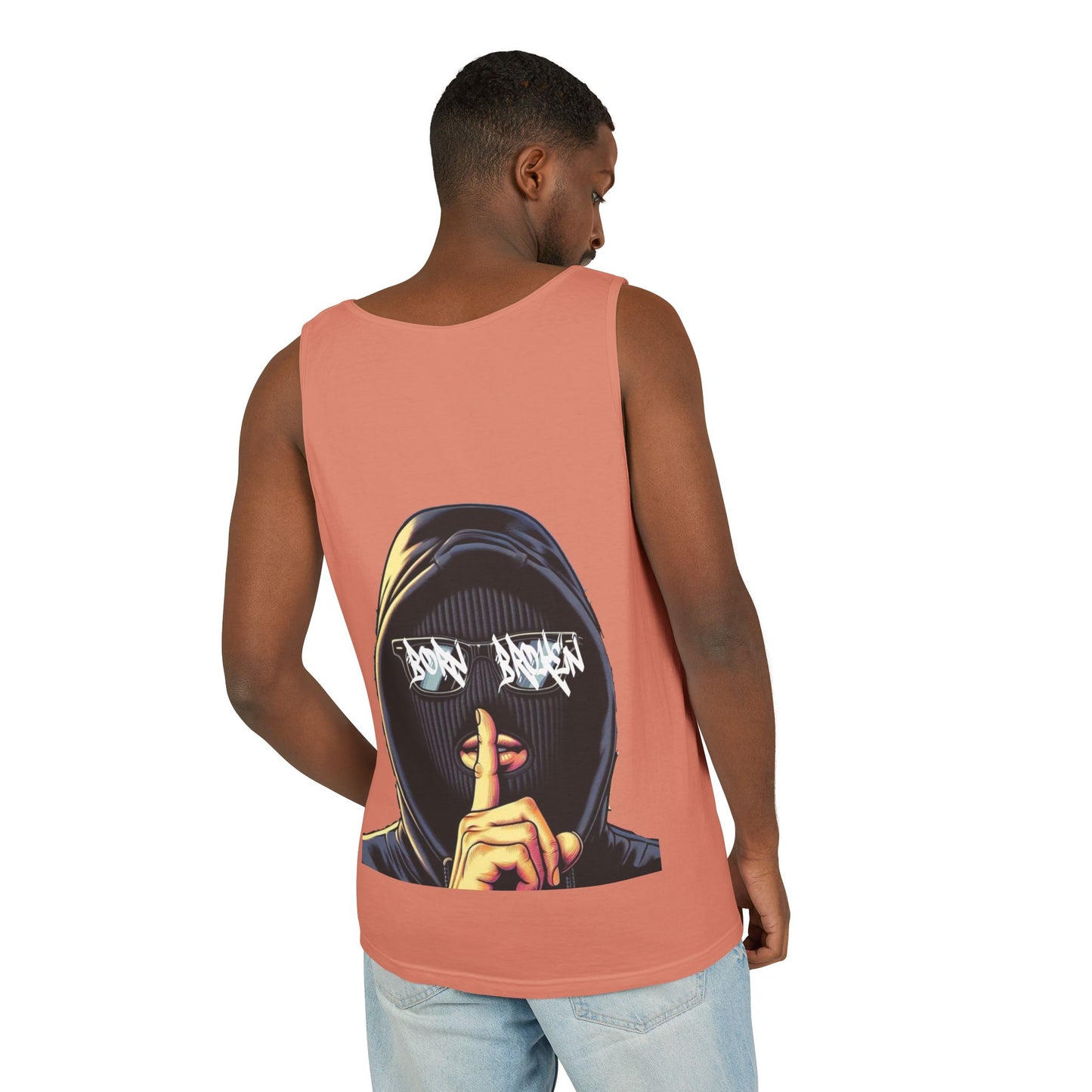 Tank Top — 'Born Broken' Hooded Mask Graphic Sleeveless Tee
