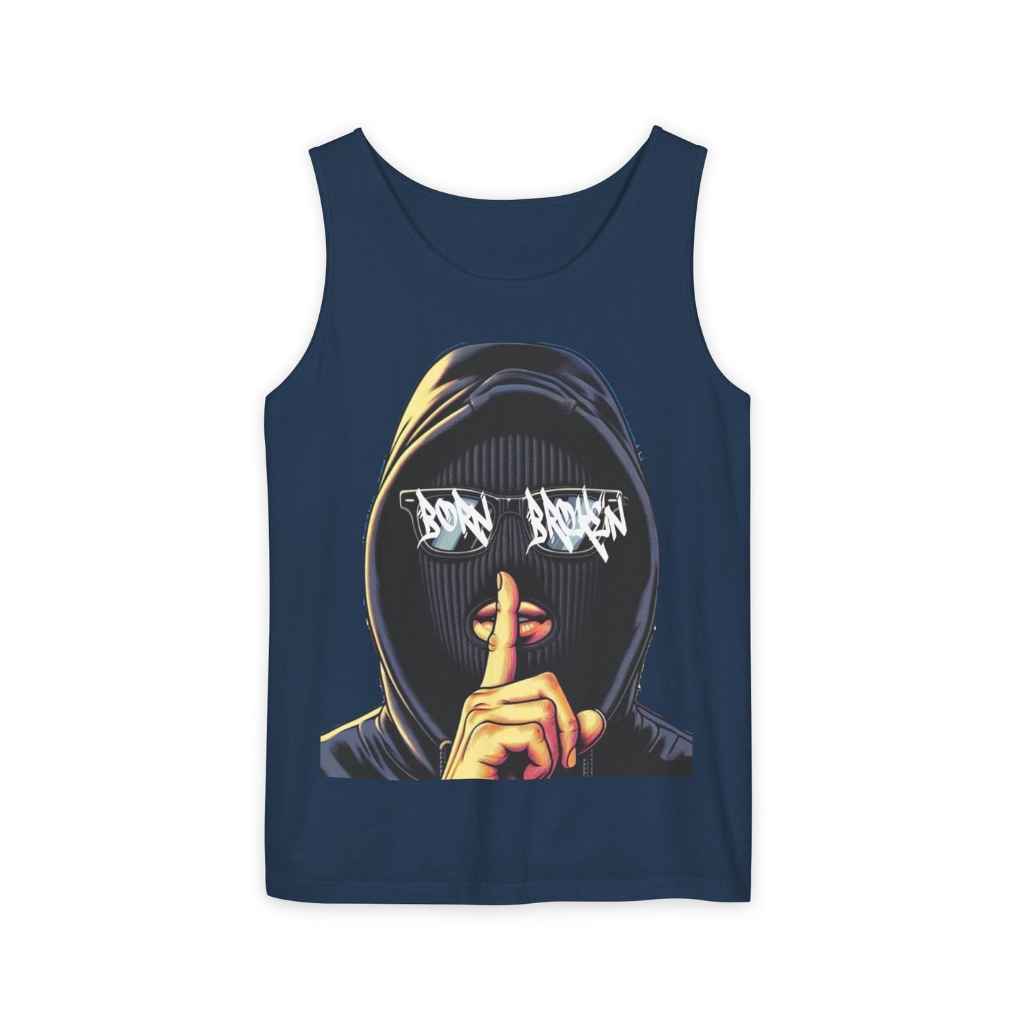 Tank Top — 'Born Broken' Hooded Mask Graphic Sleeveless Tee