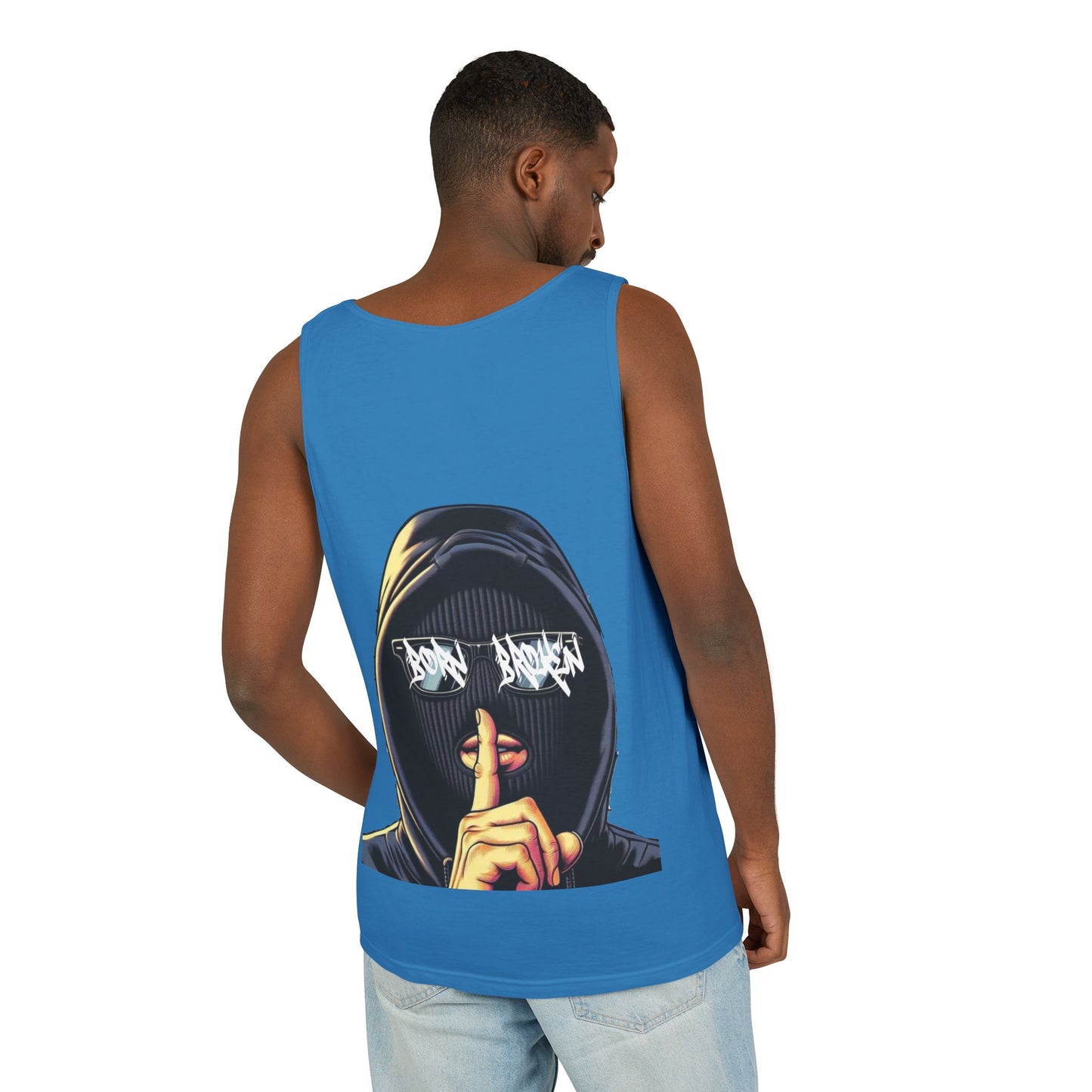 Tank Top — 'Born Broken' Hooded Mask Graphic Sleeveless Tee