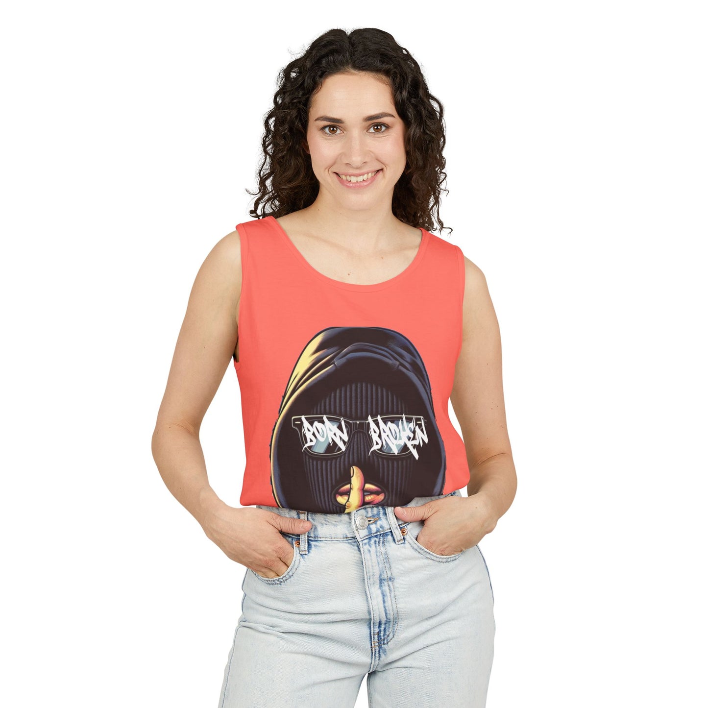 Tank Top — 'Born Broken' Hooded Mask Graphic Sleeveless Tee