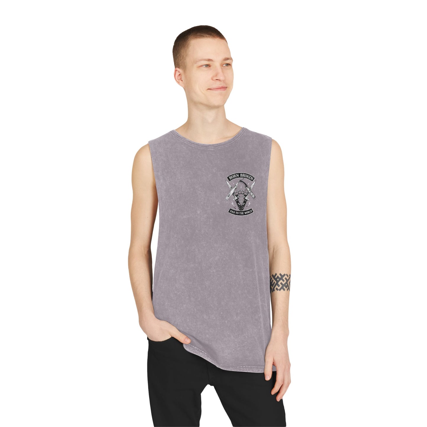 Born Broken Stonewash Tank Top — Bad to the World Graphic Muscle Tee