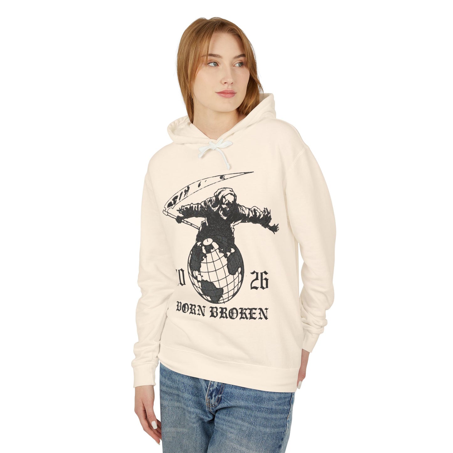 2026 Born Broken Globe Hoodie — Vintage Grim Reaper World Graphic