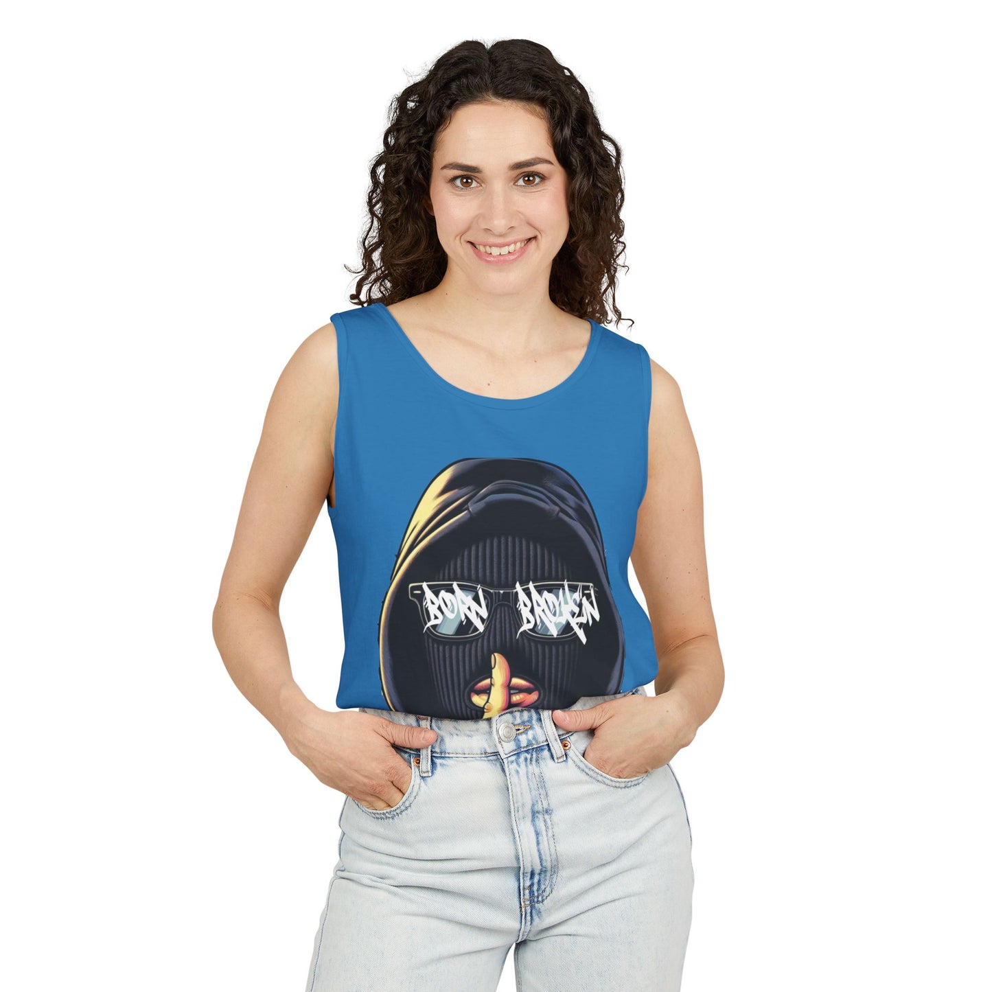 Tank Top — 'Born Broken' Hooded Mask Graphic Sleeveless Tee