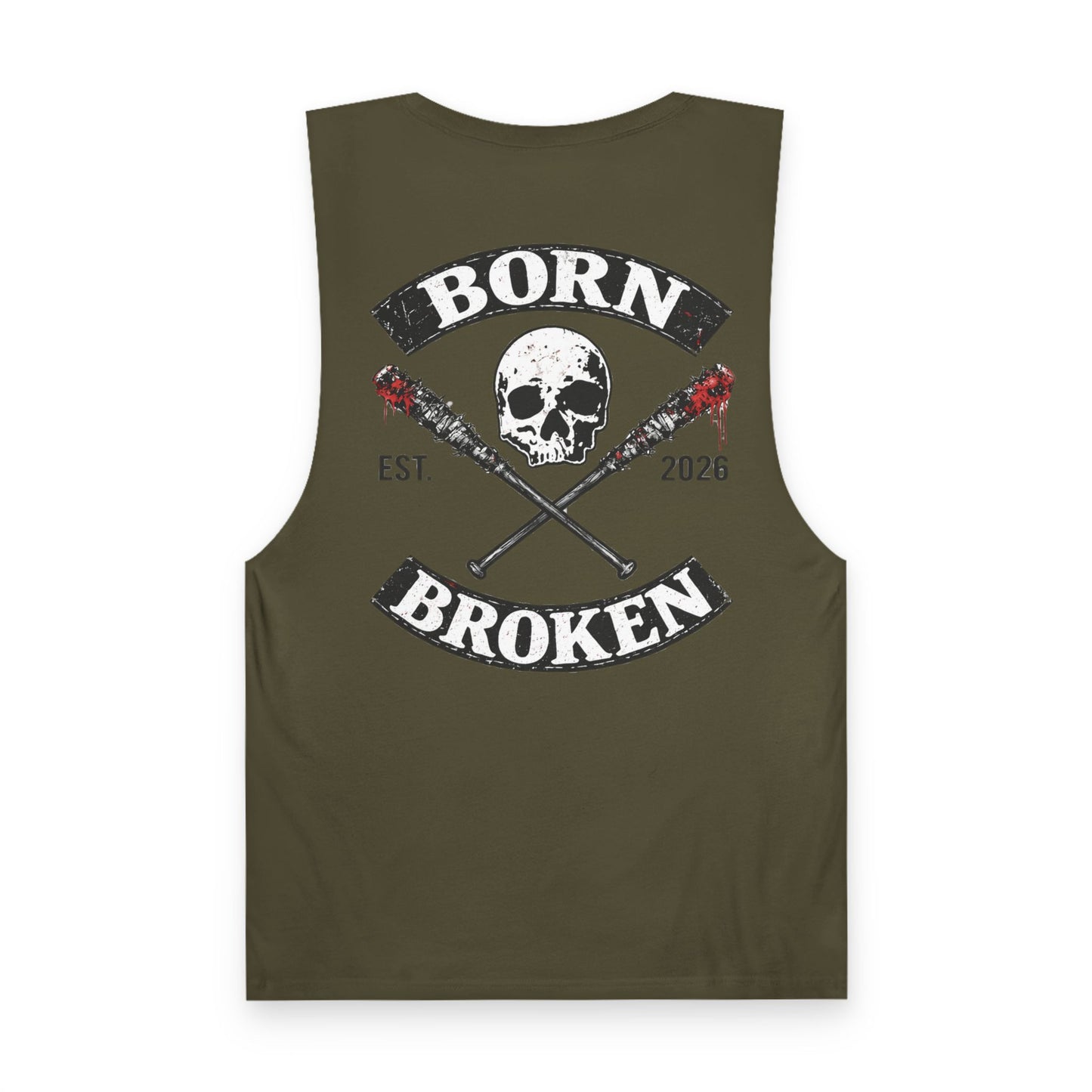 Born Broken Skull Tank Top — Edgy Skull & Crossed Bats Graphic Muscle Tank