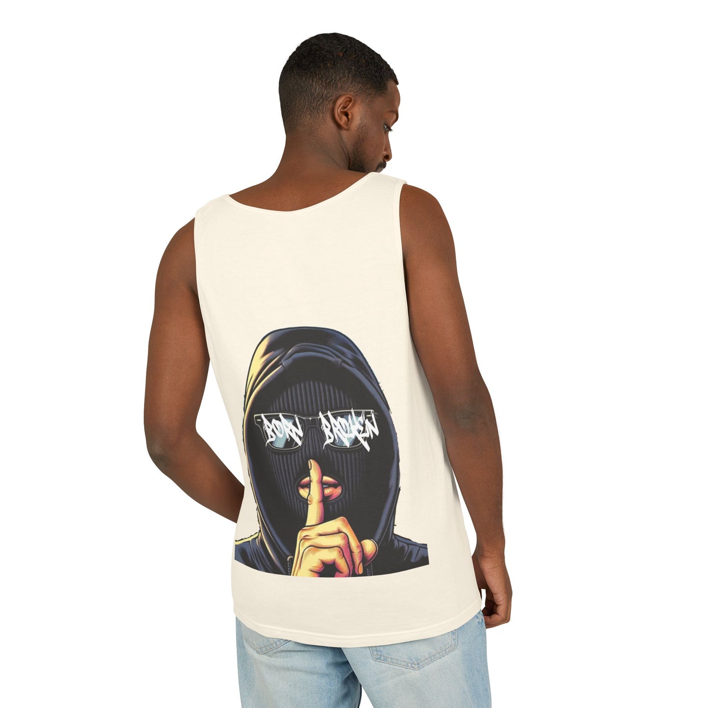 Tank Top — 'Born Broken' Hooded Mask Graphic Sleeveless Tee