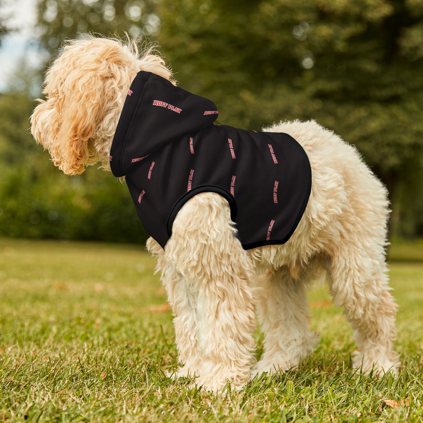 "Happy Place" Black Pet Hoodie — Cozy Small Dog & Cat Hoodie with Pink Repeat Text