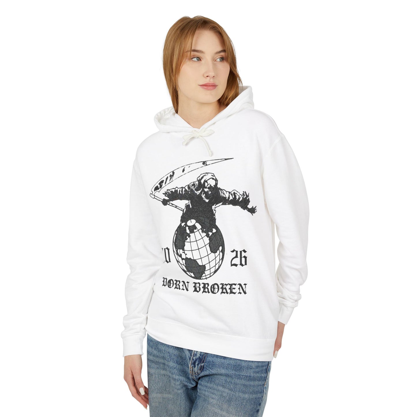 2026 Born Broken Globe Hoodie — Vintage Grim Reaper World Graphic