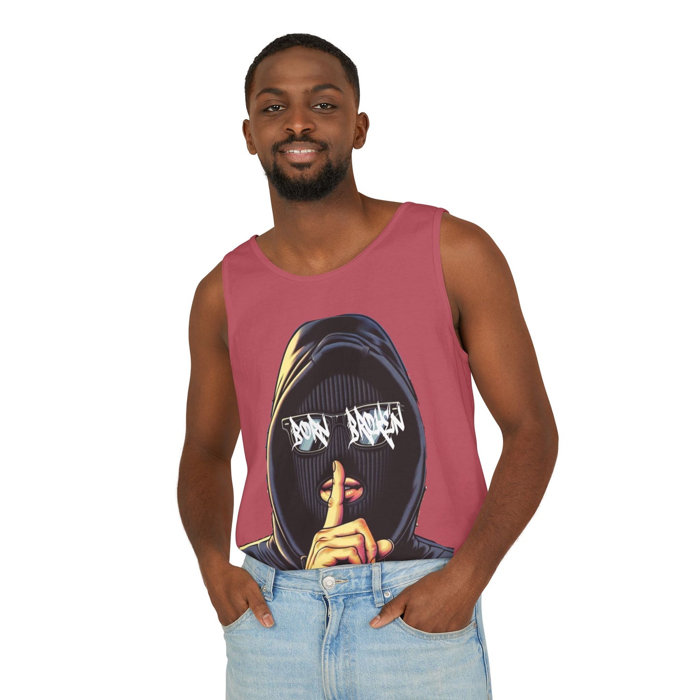Tank Top — 'Born Broken' Hooded Mask Graphic Sleeveless Tee