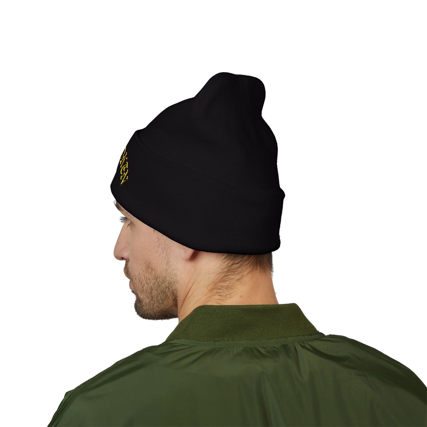 Embroidered "Rocky Biotchy" Classic Cuffed Beanie – Warm Yellow Knit Hat