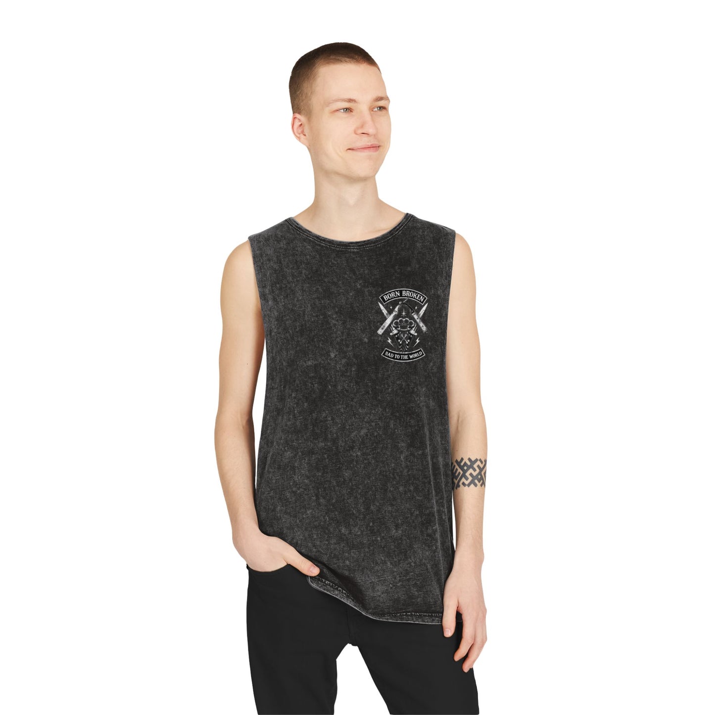 Born Broken Stonewash Tank Top — Bad to the World Graphic Muscle Tee